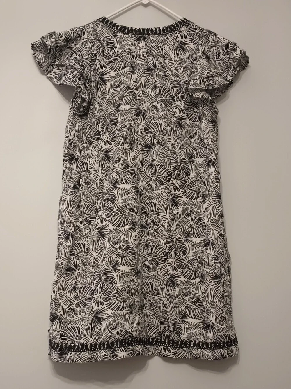 Vineyard Vines Linen Black and White Leaf-Print Pom Pom Dress XS